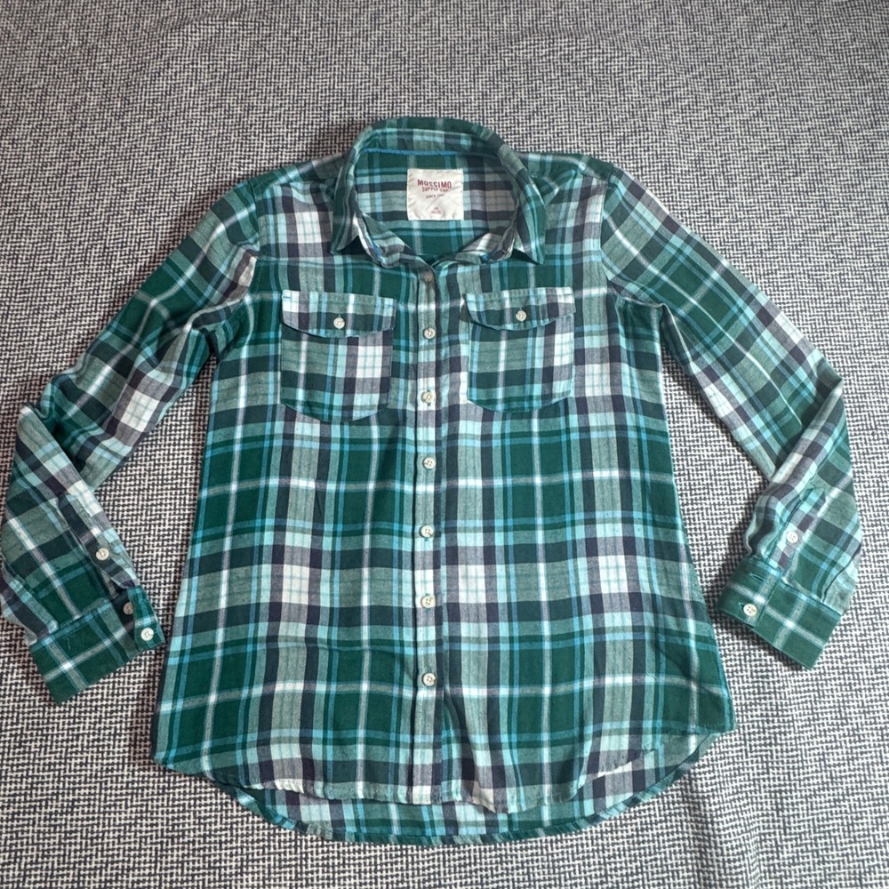 Mossimo Supply Co Womens Green Blue Plaid Flannel Button Down Shirt Size L
